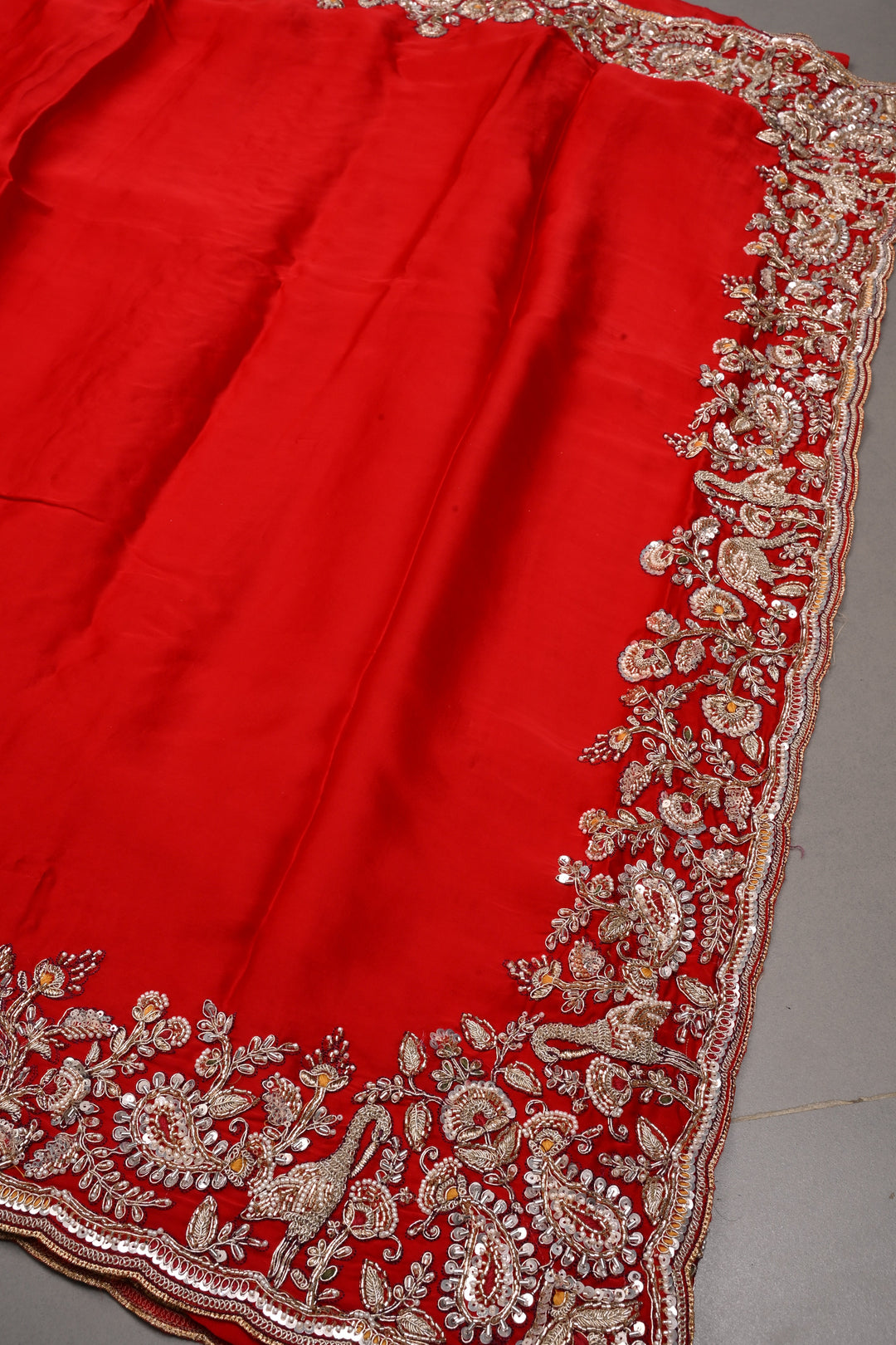 Red Vegan Viscose Silk Saree with Heavy Embroidery Work on Scallop Border | SHOBITAM