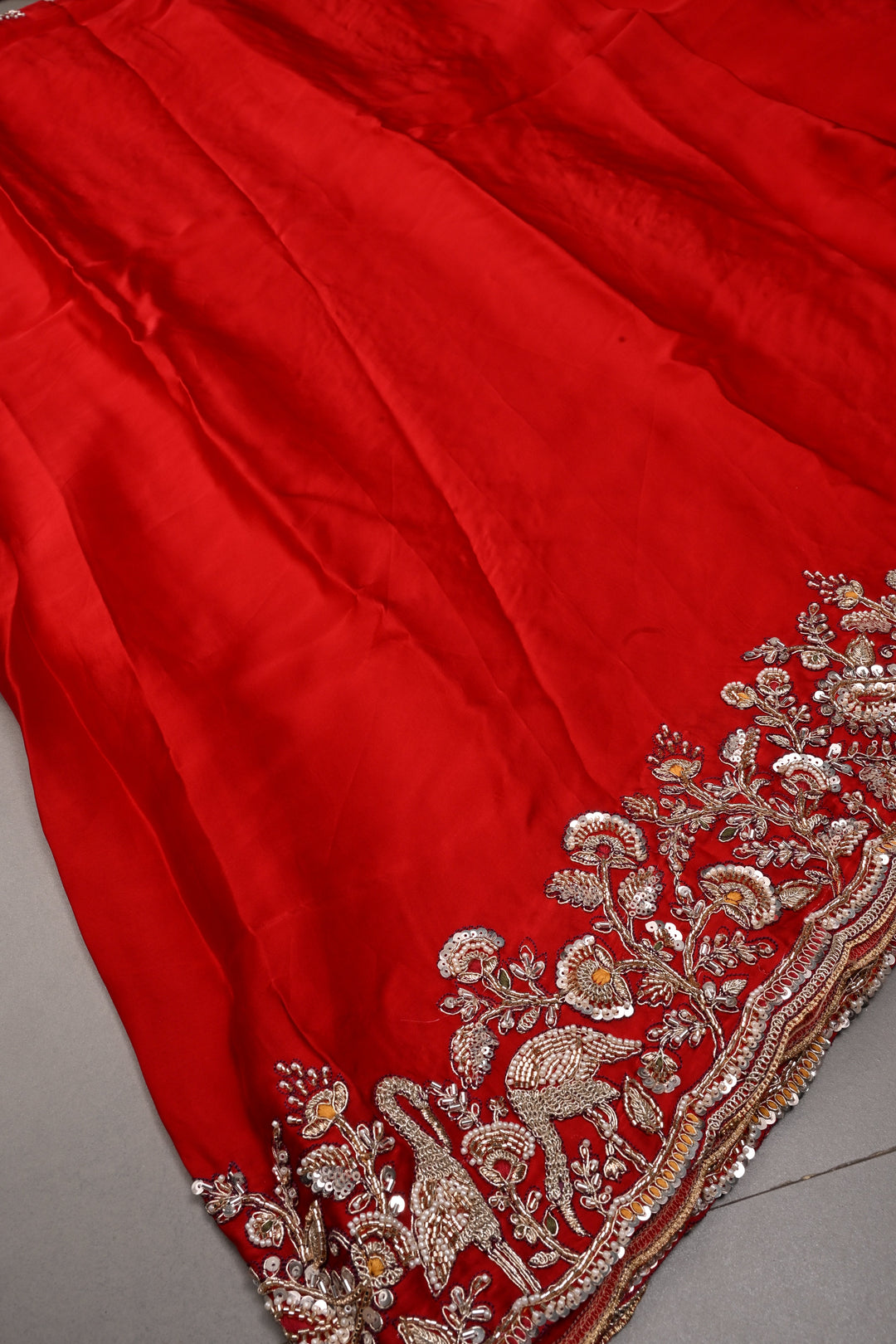 Red Vegan Viscose Silk Saree with Heavy Embroidery Work on Scallop Border | SHOBITAM