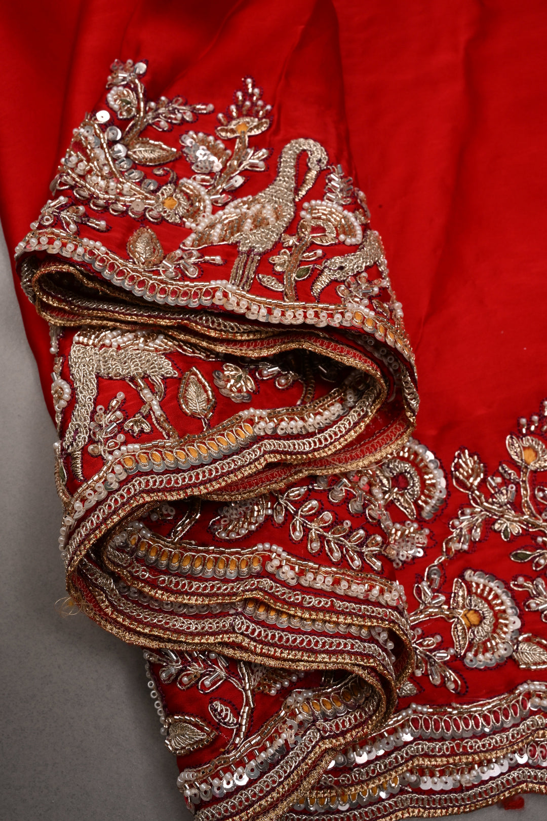 Red Vegan Viscose Silk Saree with Heavy Embroidery Work on Scallop Border | SHOBITAM