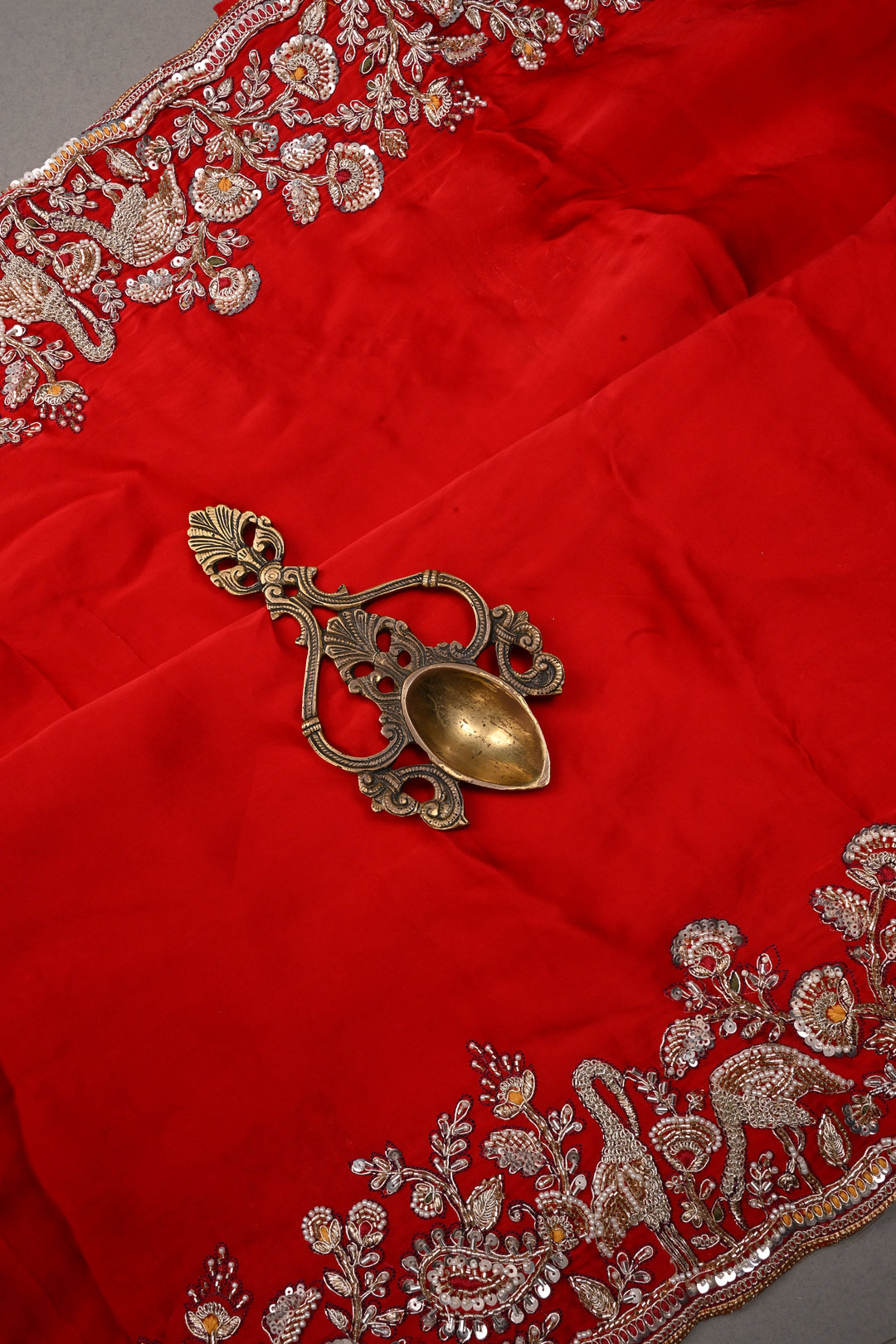 Red Vegan Viscose Silk Saree with Heavy Embroidery Work on Scallop Border | SHOBITAM