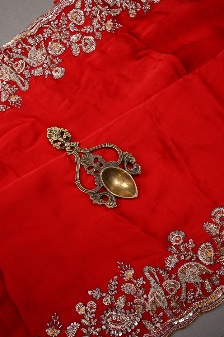 Red Vegan Viscose Silk Saree with Heavy Embroidery Work on Scallop Border | SHOBITAM