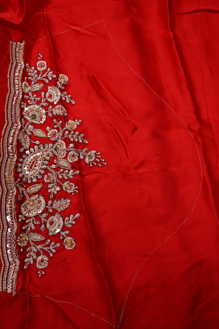 Red Vegan Viscose Silk Saree with Heavy Embroidery Work on Scallop Border | SHOBITAM