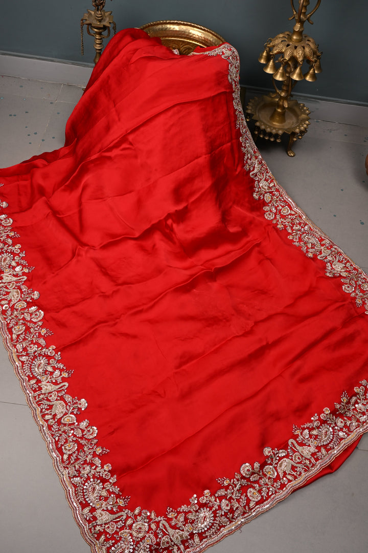 Red Vegan Viscose Silk Saree with Heavy Embroidery Work on Scallop Border | SHOBITAM