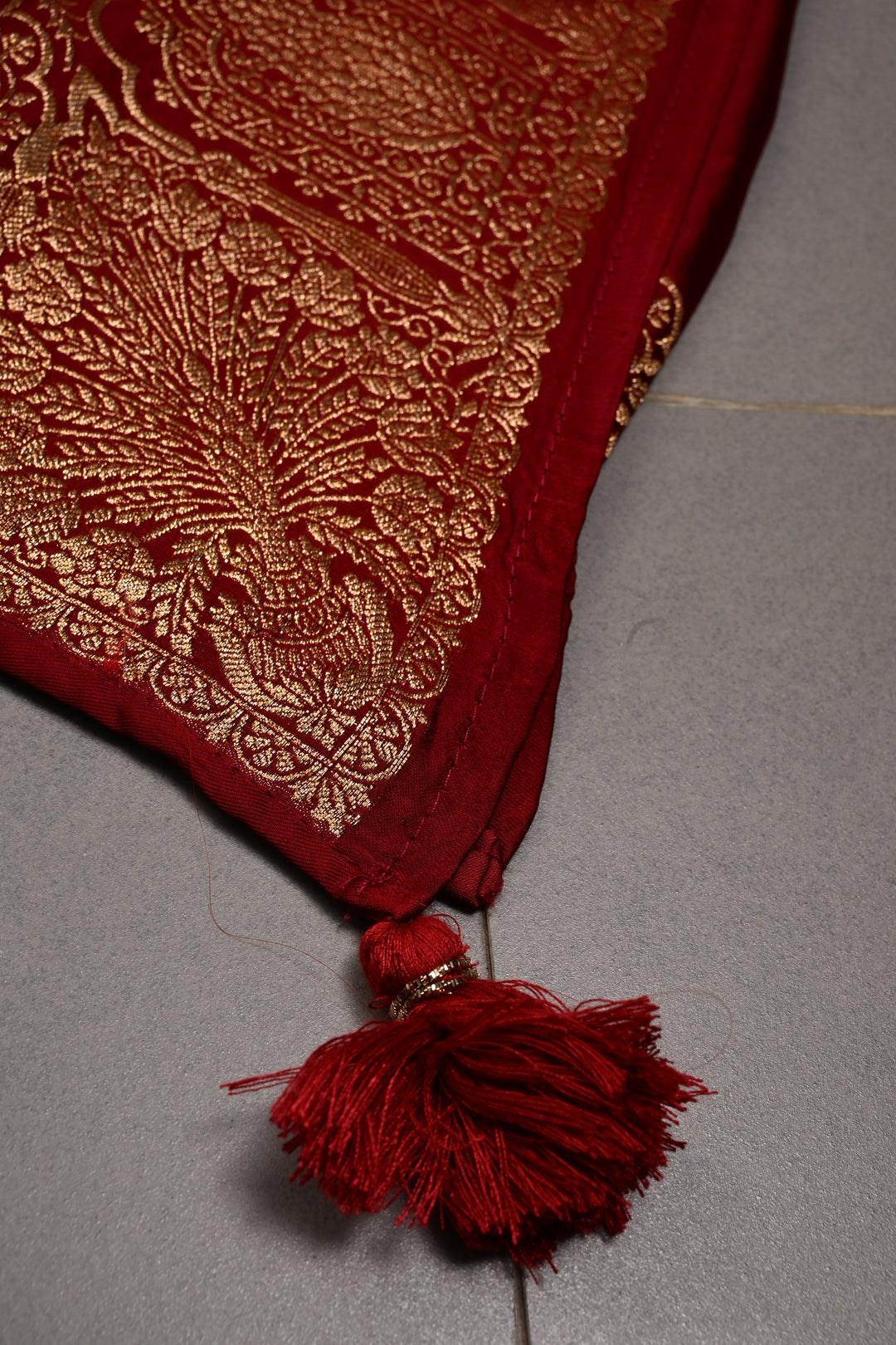 Dark Maroon Vegan Viscose Silk Saree with Floral Zari Buttas and Scallop Zari Border | SHOBITAM