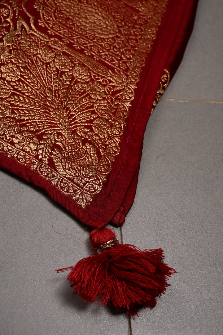 Dark Maroon Vegan Viscose Silk Saree with Floral Zari Buttas and Scallop Zari Border | SHOBITAM
