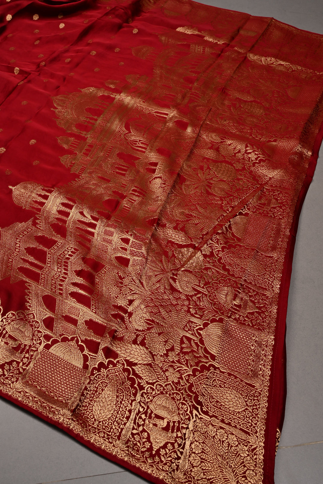 Dark Maroon Vegan Viscose Silk Saree with Floral Zari Buttas and Scallop Zari Border | SHOBITAM