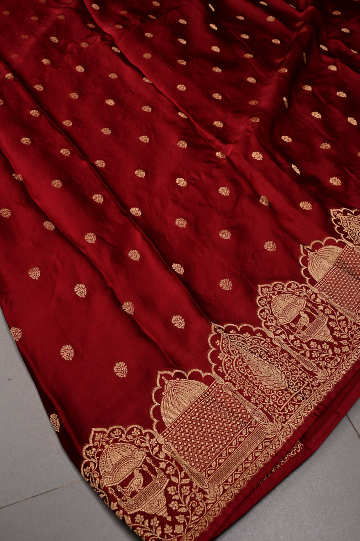 Dark Maroon Vegan Viscose Silk Saree with Floral Zari Buttas and Scallop Zari Border | SHOBITAM