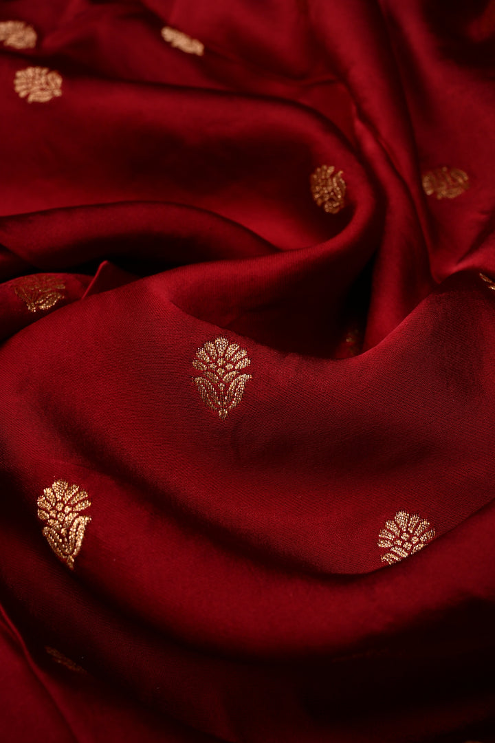 Dark Maroon Vegan Viscose Silk Saree with Floral Zari Buttas and Scallop Zari Border | SHOBITAM