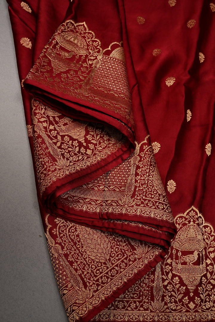 Dark Maroon Vegan Viscose Silk Saree with Floral Zari Buttas and Scallop Zari Border | SHOBITAM