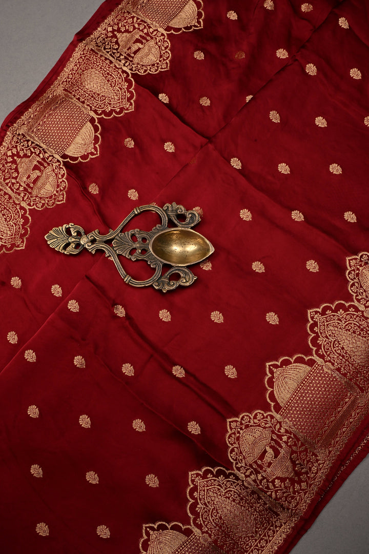 Dark Maroon Vegan Viscose Silk Saree with Floral Zari Buttas and Scallop Zari Border | SHOBITAM