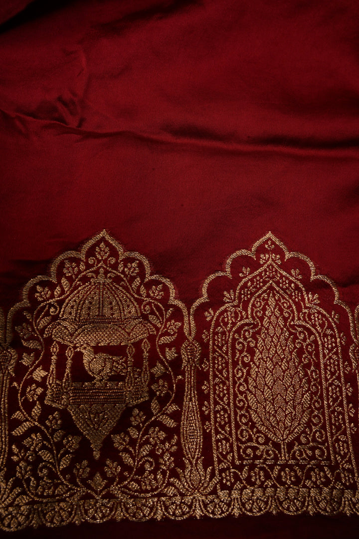 Dark Maroon Vegan Viscose Silk Saree with Floral Zari Buttas and Scallop Zari Border | SHOBITAM
