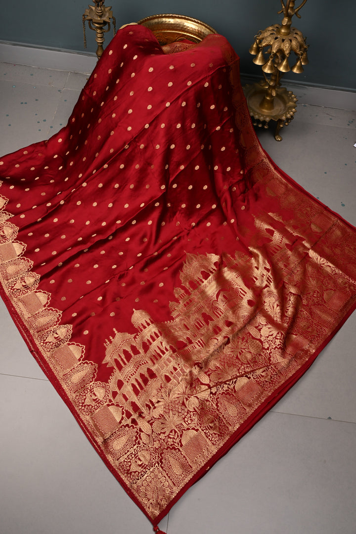 Dark Maroon Vegan Viscose Silk Saree with Floral Zari Buttas and Scallop Zari Border | SHOBITAM
