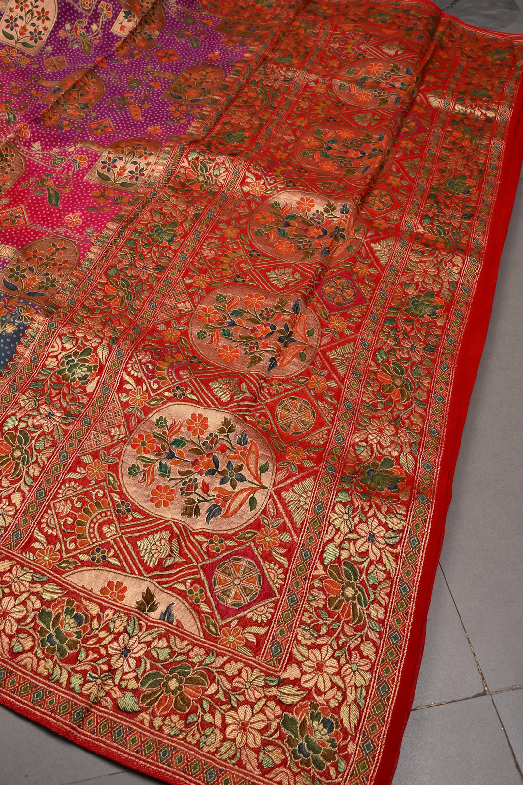 Rangkaat Bandhej Vegan Viscose Silk Saree with Shikargah Floral Motif and Zari Border | SHOBITAM
