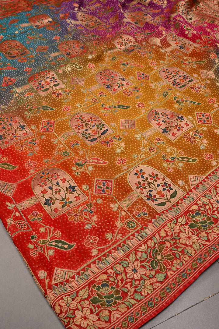 Rangkaat Bandhej Vegan Viscose Silk Saree with Shikargah Floral Motif and Zari Border | SHOBITAM