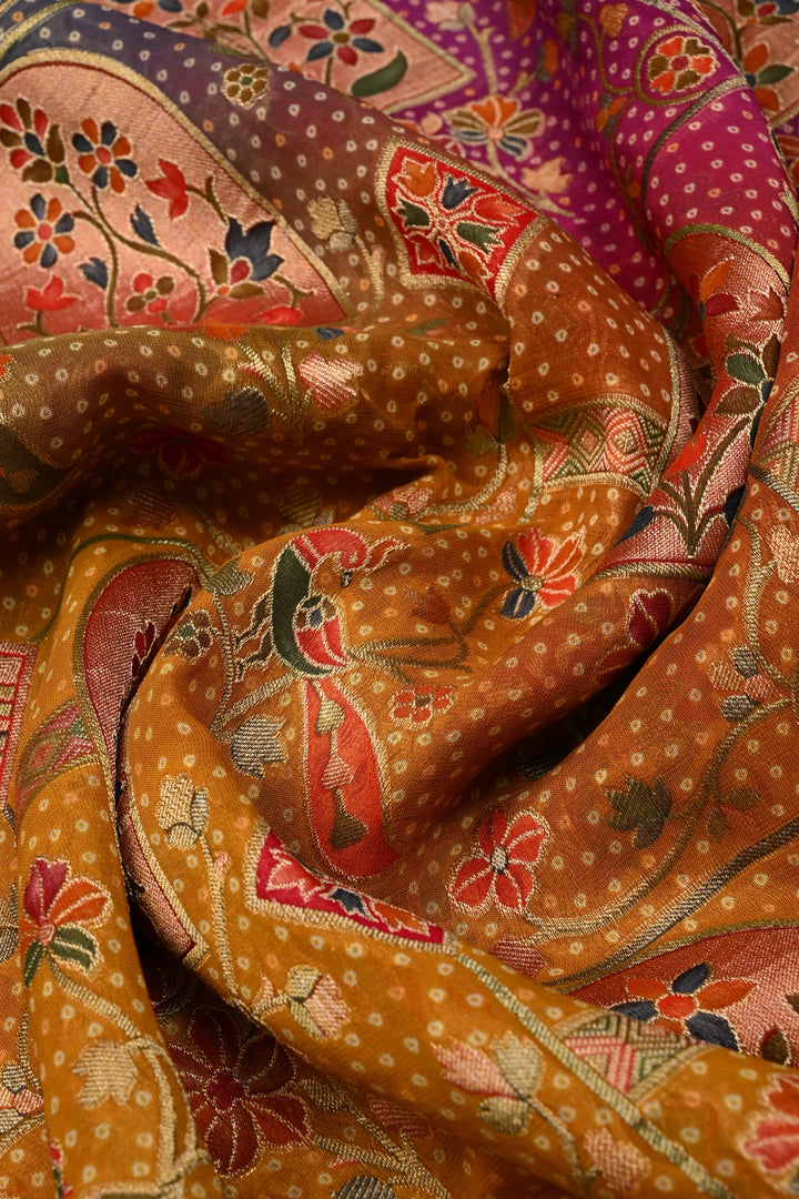 Rangkaat Bandhej Vegan Viscose Silk Saree with Shikargah Floral Motif and Zari Border | SHOBITAM
