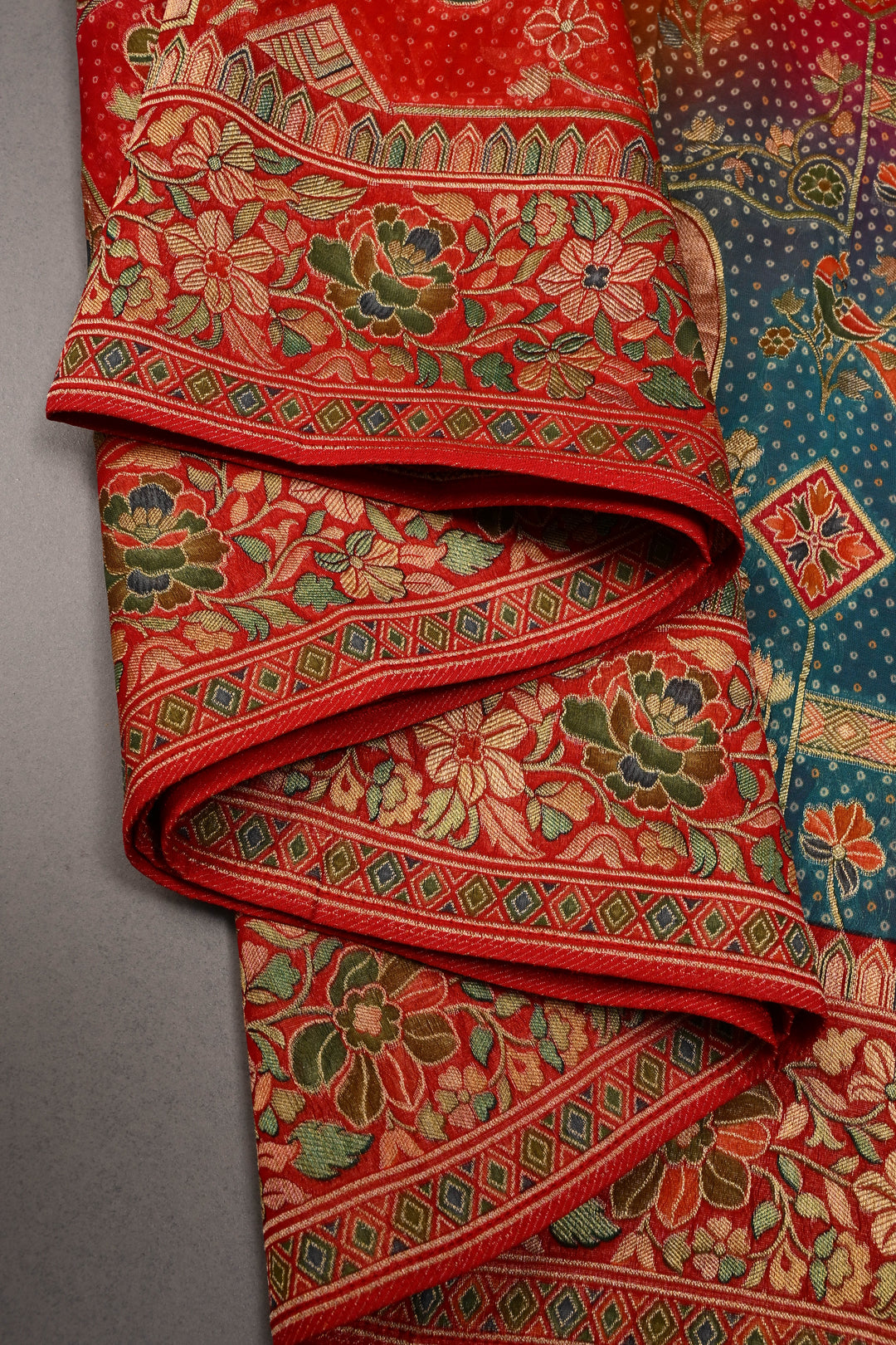Rangkaat Bandhej Vegan Viscose Silk Saree with Shikargah Floral Motif and Zari Border | SHOBITAM