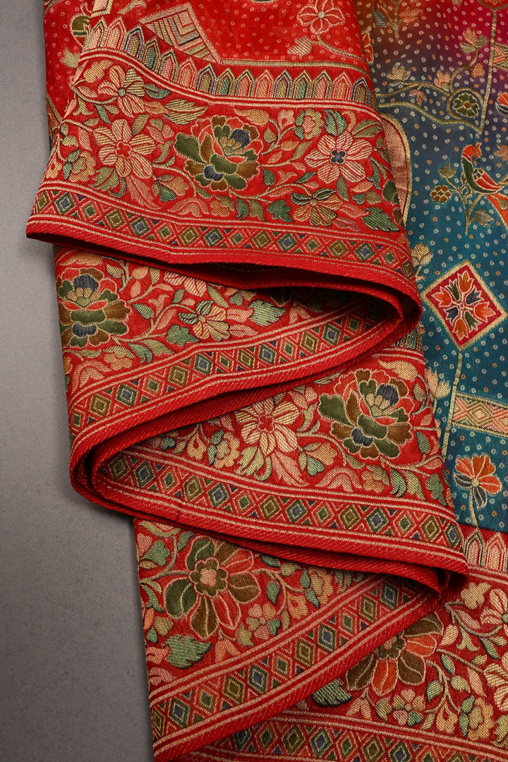 Rangkaat Bandhej Vegan Viscose Silk Saree with Shikargah Floral Motif and Zari Border | SHOBITAM