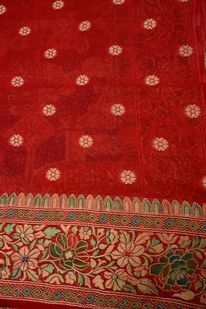 Rangkaat Bandhej Vegan Viscose Silk Saree with Shikargah Floral Motif and Zari Border | SHOBITAM