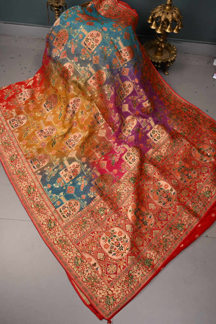 Rangkaat Bandhej Vegan Viscose Silk Saree with Shikargah Floral Motif and Zari Border | SHOBITAM