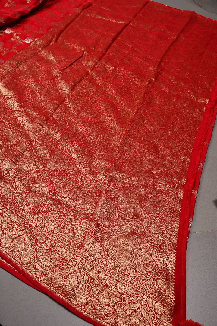 Deep Red Vegan Viscose Silk Saree with Sona Rupa Floral Jaal Brocade and Zari Border | SHOBITAM