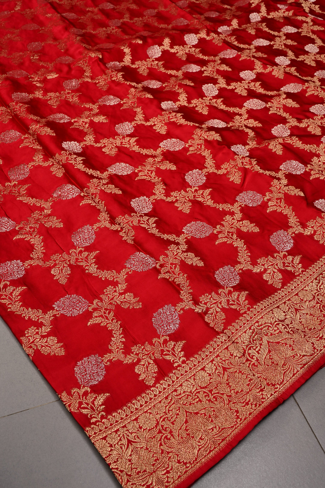 Deep Red Vegan Viscose Silk Saree with Sona Rupa Floral Jaal Brocade and Zari Border | SHOBITAM