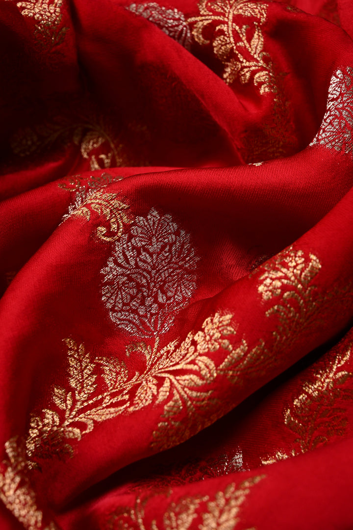 Deep Red Vegan Viscose Silk Saree with Sona Rupa Floral Jaal Brocade and Zari Border | SHOBITAM