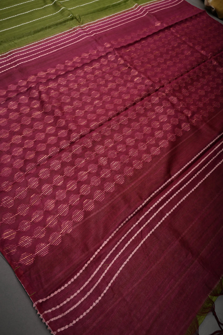 Sap Green Borderless Semi Tussar Saree with Thread Horizontal Stripes and Contrast Pallu | SHOBITAM