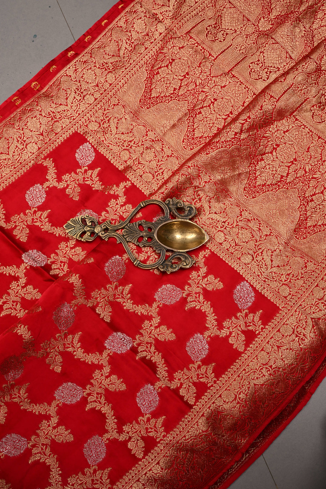 Deep Red Vegan Viscose Silk Saree with Sona Rupa Floral Jaal Brocade and Zari Border | SHOBITAM