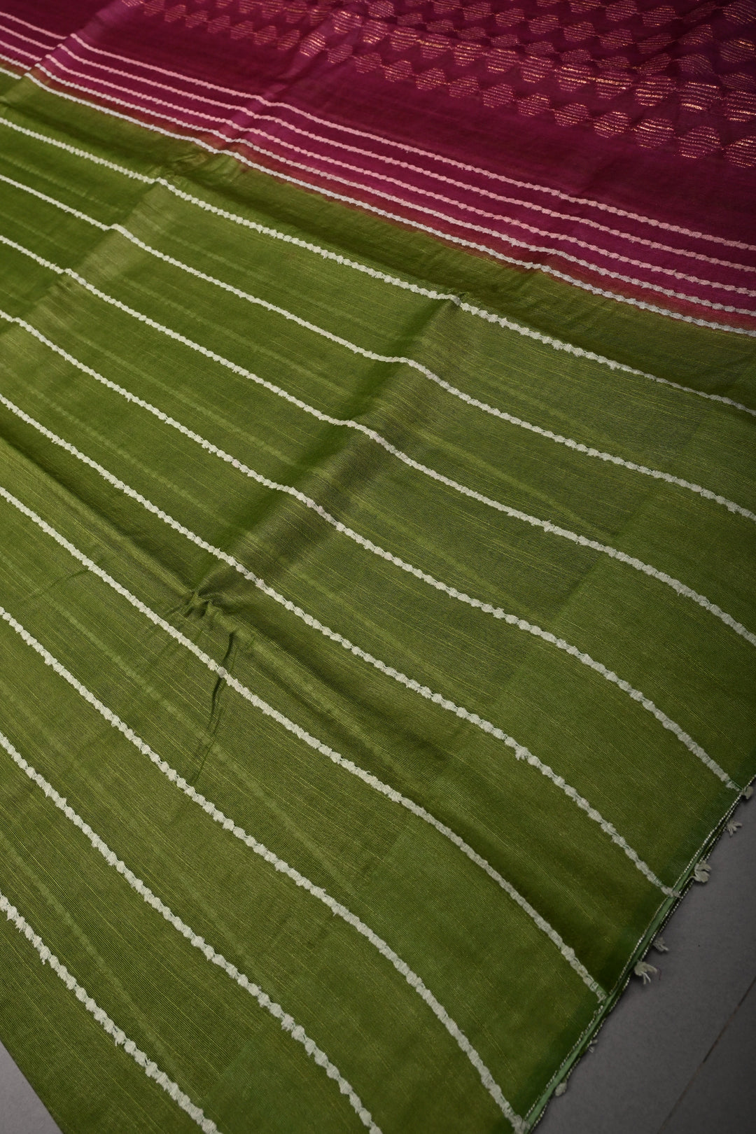 Sap Green Borderless Semi Tussar Saree with Thread Horizontal Stripes and Contrast Pallu | SHOBITAM
