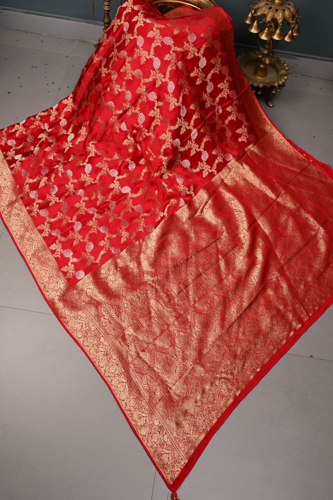 Deep Red Vegan Viscose Silk Saree with Sona Rupa Floral Jaal Brocade and Zari Border | SHOBITAM