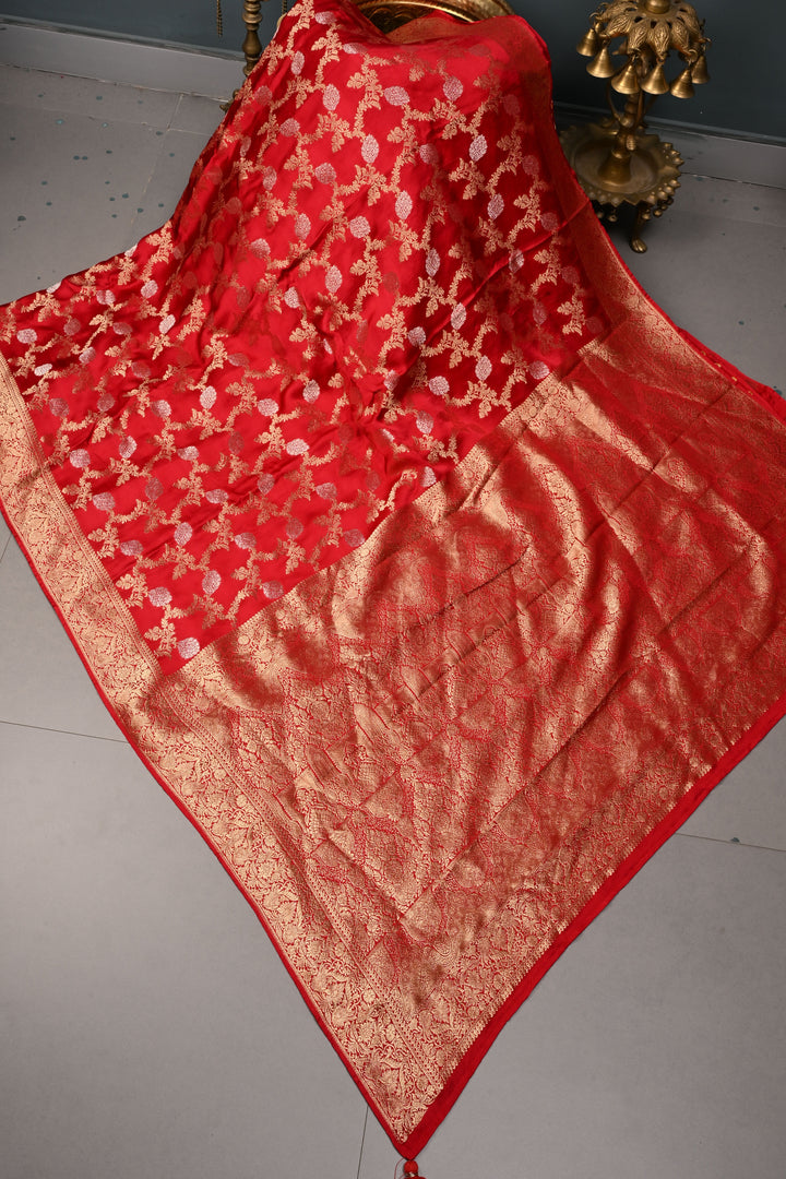 Deep Red Vegan Viscose Silk Saree with Sona Rupa Floral Jaal Brocade and Zari Border | SHOBITAM