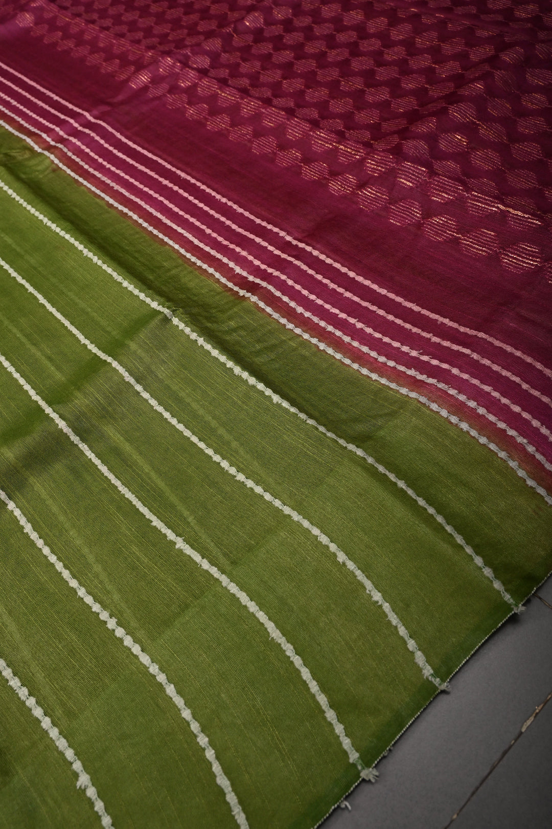 Sap Green Borderless Semi Tussar Saree with Thread Horizontal Stripes and Contrast Pallu | SHOBITAM