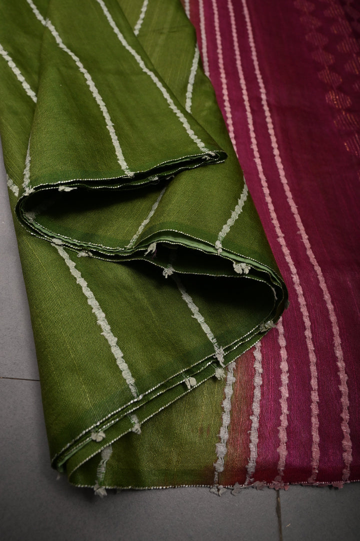 Sap Green Borderless Semi Tussar Saree with Thread Horizontal Stripes and Contrast Pallu | SHOBITAM