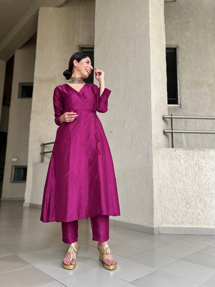 Purple Textured Silk Angrakha Kurta Pant Set | SHOBITAM