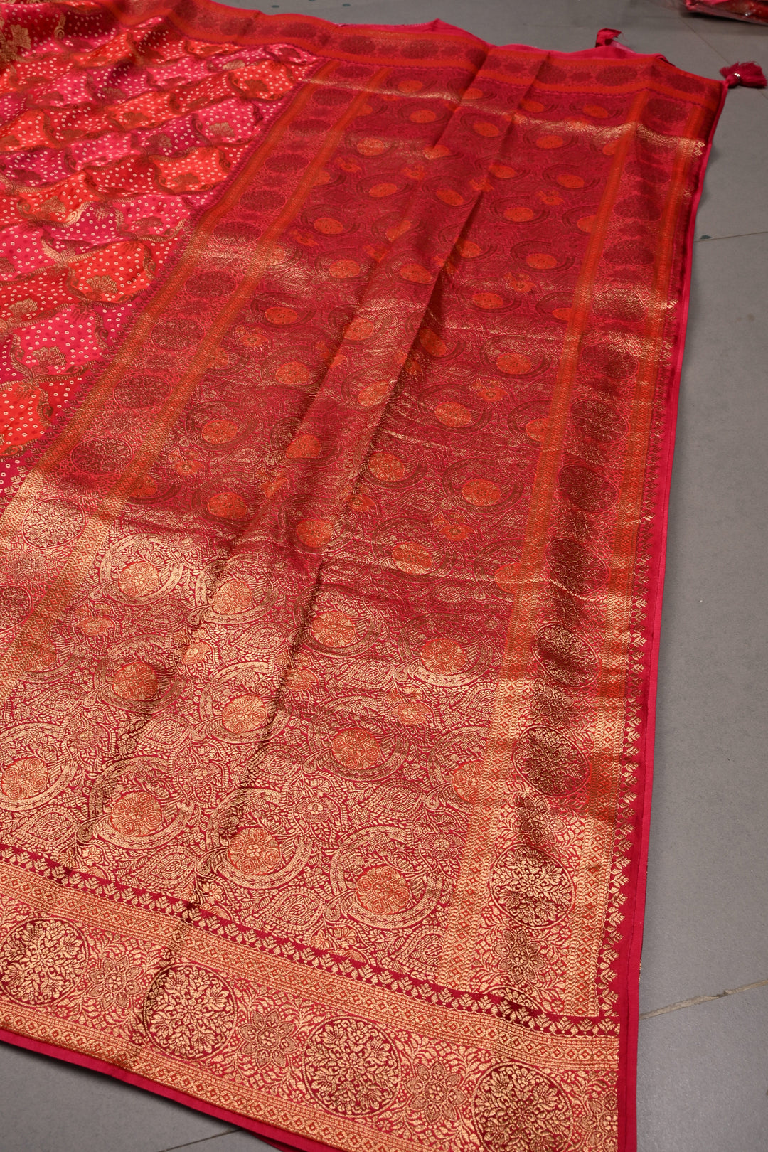 Rangkaat Style Bandhej on Vegan Viscose Silk Saree with Moroccan Jaal and Zari Border | SHOBITAM