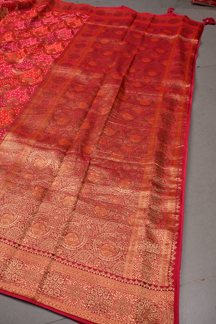Rangkaat Style Bandhej on Vegan Viscose Silk Saree with Moroccan Jaal and Zari Border | SHOBITAM
