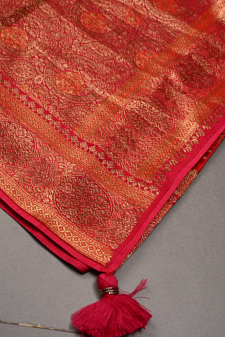 Rangkaat Style Bandhej on Vegan Viscose Silk Saree with Moroccan Jaal and Zari Border | SHOBITAM
