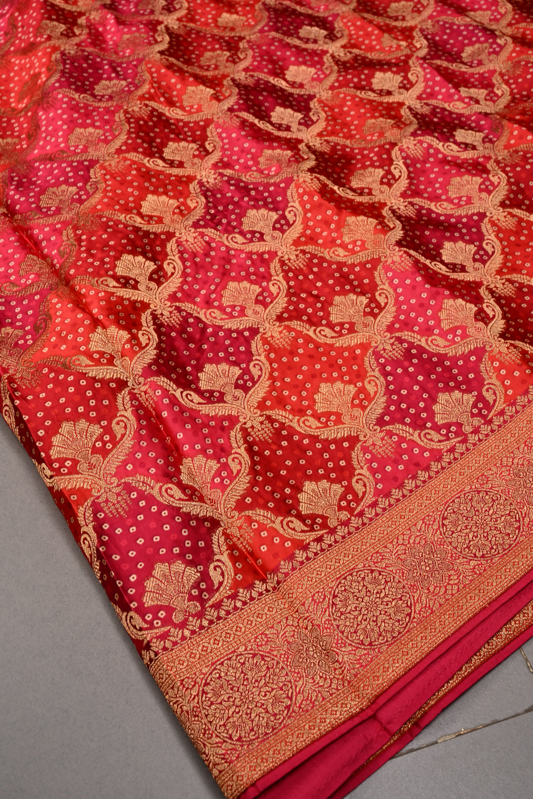 Rangkaat Style Bandhej on Vegan Viscose Silk Saree with Moroccan Jaal and Zari Border | SHOBITAM
