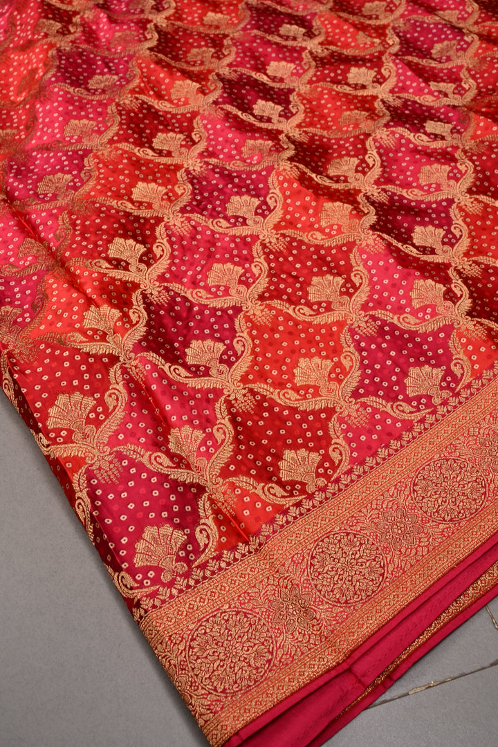 Rangkaat Style Bandhej on Vegan Viscose Silk Saree with Moroccan Jaal and Zari Border | SHOBITAM