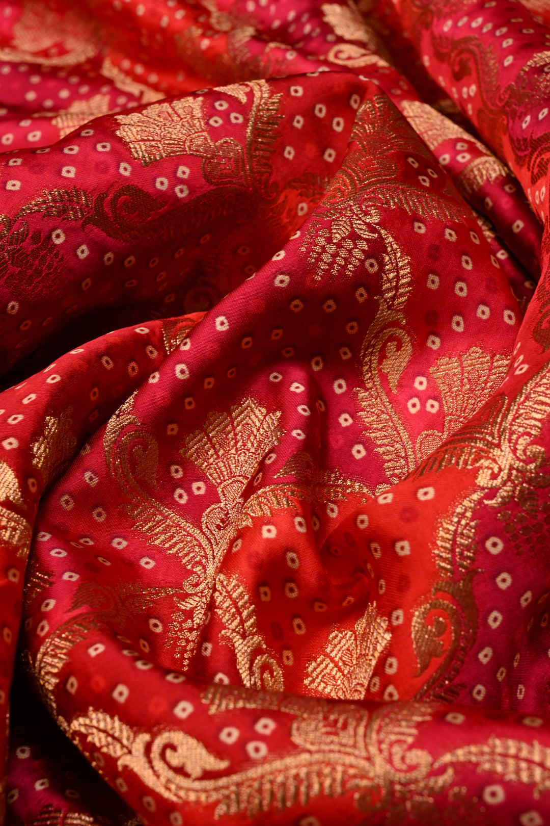 Rangkaat Style Bandhej on Vegan Viscose Silk Saree with Moroccan Jaal and Zari Border | SHOBITAM