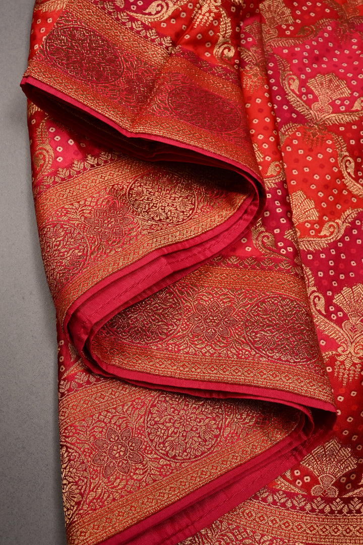 Rangkaat Style Bandhej on Vegan Viscose Silk Saree with Moroccan Jaal and Zari Border | SHOBITAM