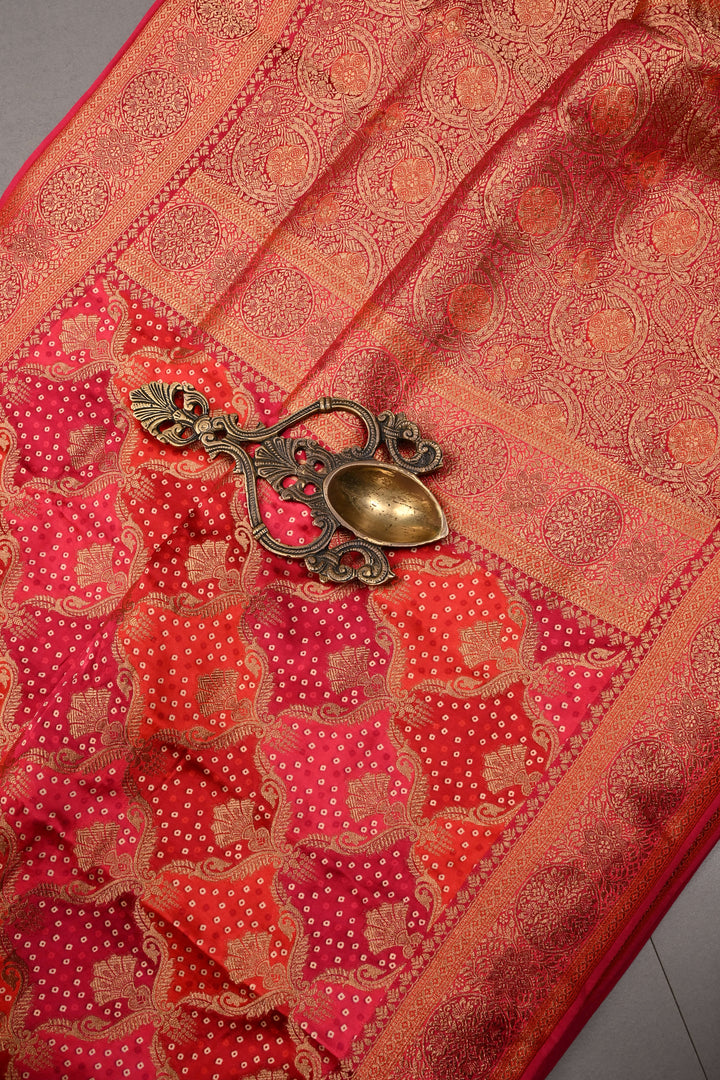 Rangkaat Style Bandhej on Vegan Viscose Silk Saree with Moroccan Jaal and Zari Border | SHOBITAM