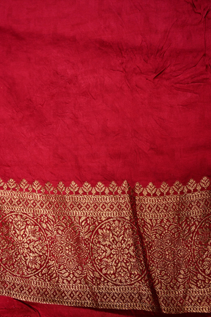 Rangkaat Style Bandhej on Vegan Viscose Silk Saree with Moroccan Jaal and Zari Border | SHOBITAM
