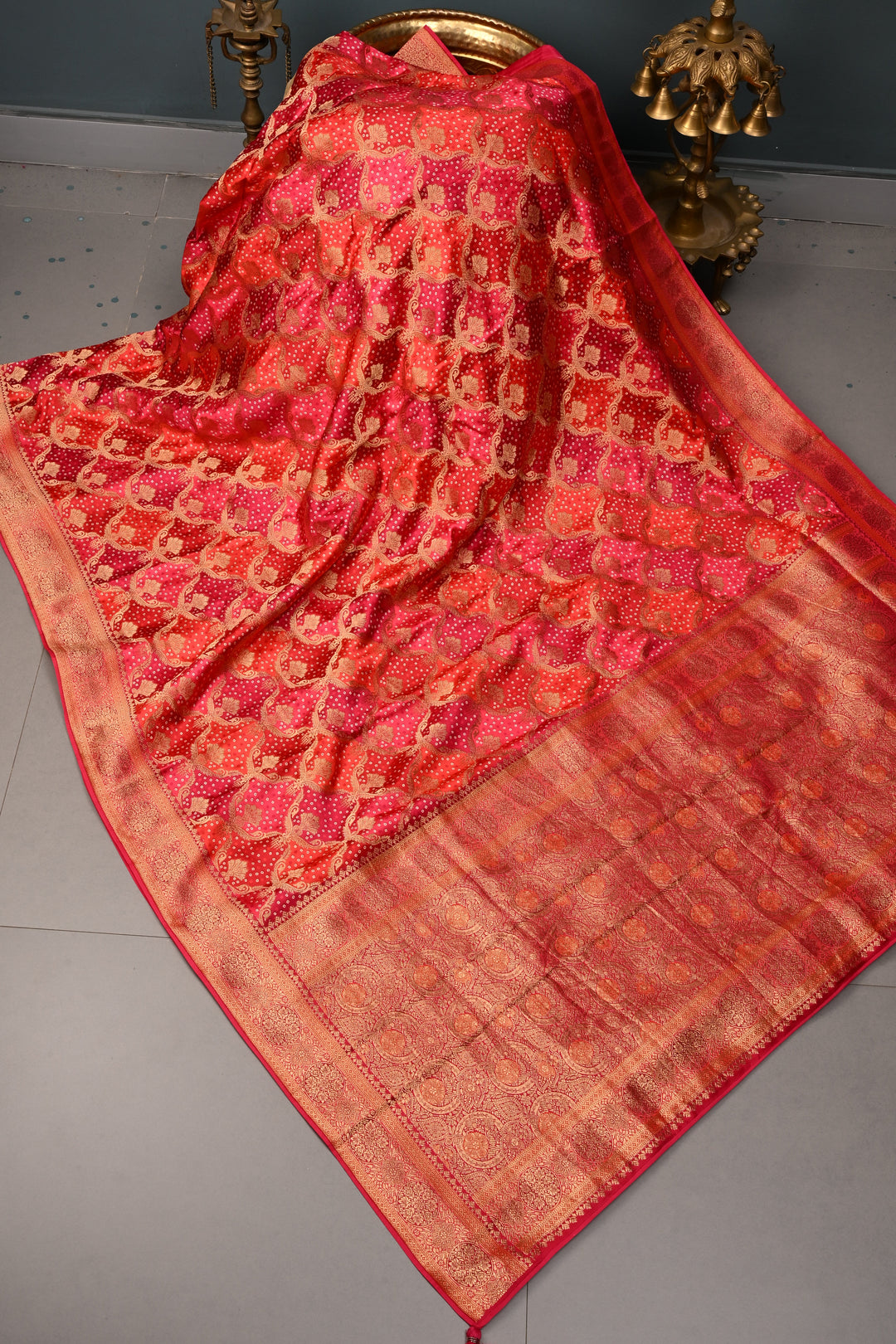 Rangkaat Style Bandhej on Vegan Viscose Silk Saree with Moroccan Jaal and Zari Border | SHOBITAM