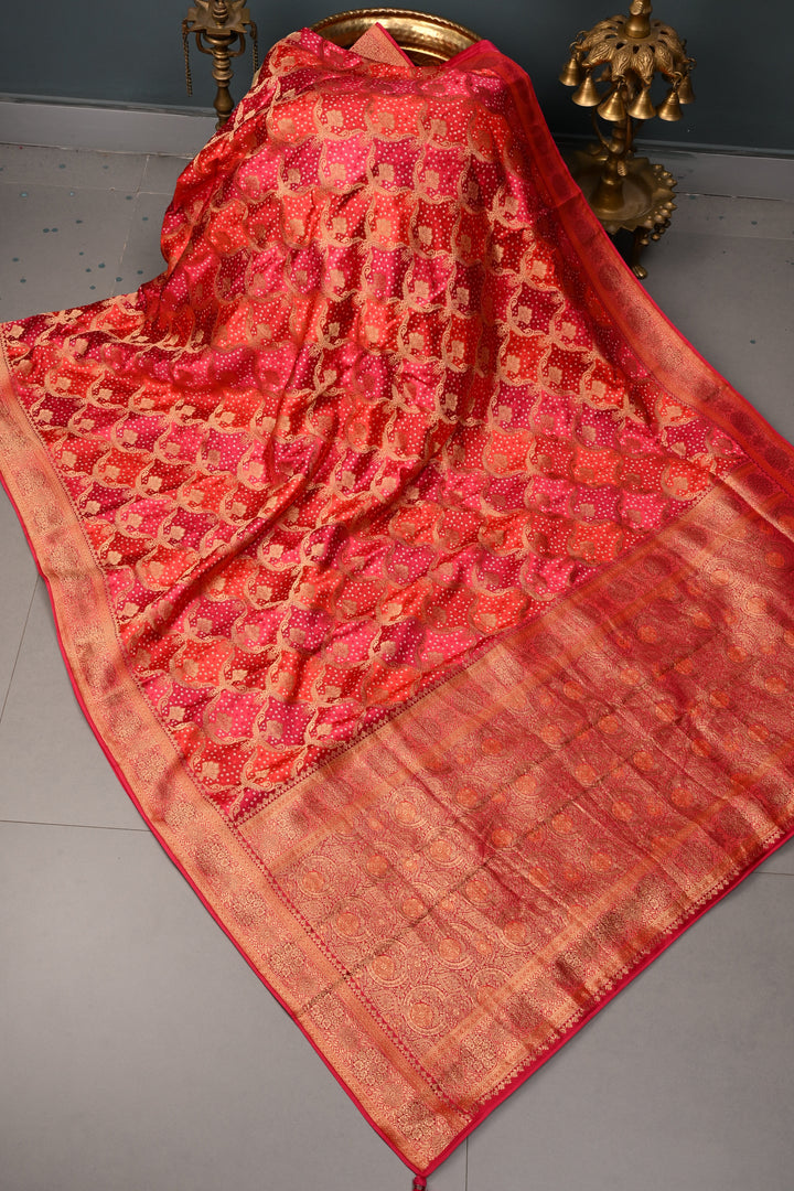Rangkaat Style Bandhej on Vegan Viscose Silk Saree with Moroccan Jaal and Zari Border | SHOBITAM