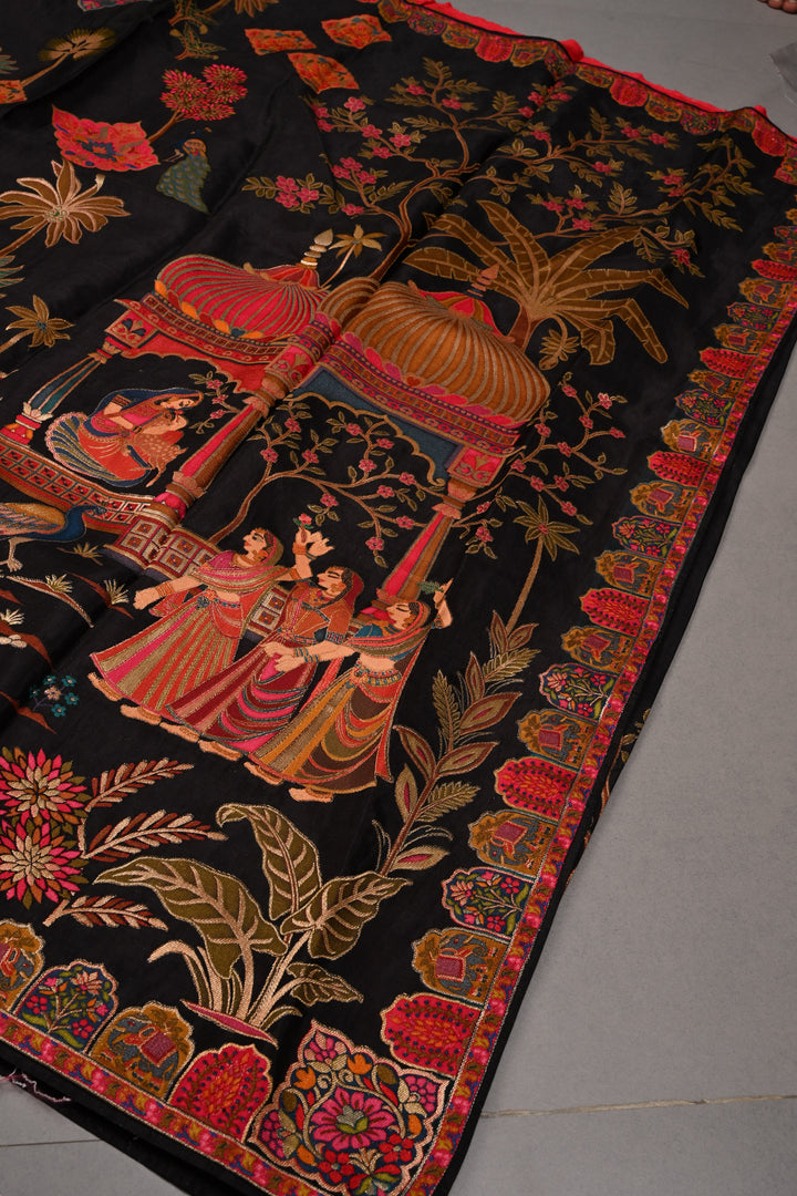 Black Vegan Viscose Silk Saree with Meenakari Brocade and Border | SHOBITAM