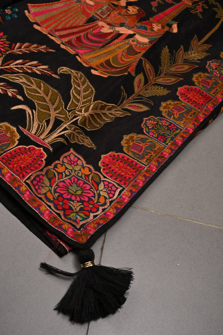 Black Vegan Viscose Silk Saree with Meenakari Brocade and Border | SHOBITAM