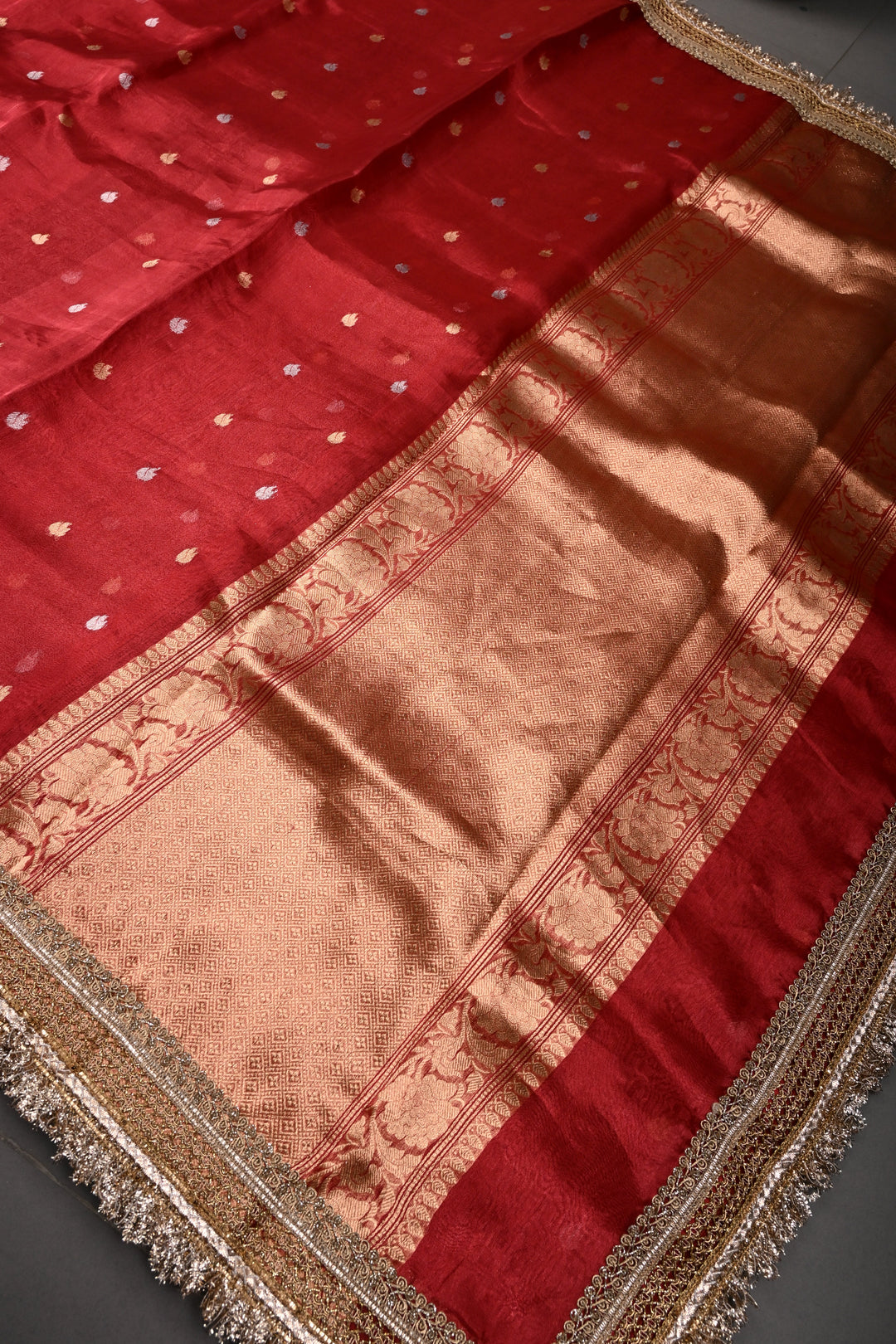 Crimson Red Banarasi Organza Silk Saree with Sona Rupa Zari Buttas and Fancy Lace Trim Border | SILK MARK CERTIFIED | SHOBITAM