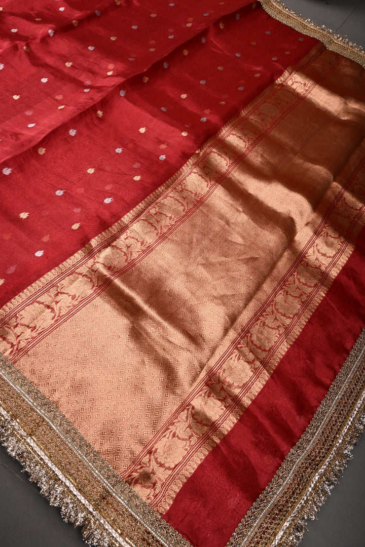 Crimson Red Banarasi Organza Silk Saree with Sona Rupa Zari Buttas and Fancy Lace Trim Border | SILK MARK CERTIFIED | SHOBITAM