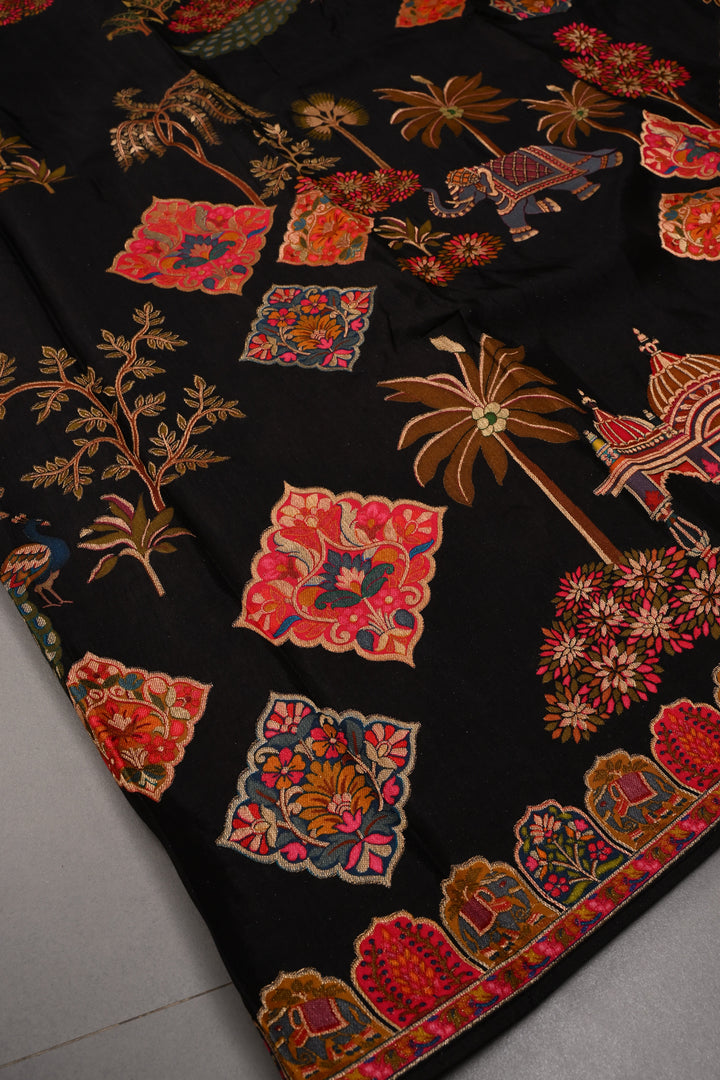 Black Vegan Viscose Silk Saree with Meenakari Brocade and Border | SHOBITAM